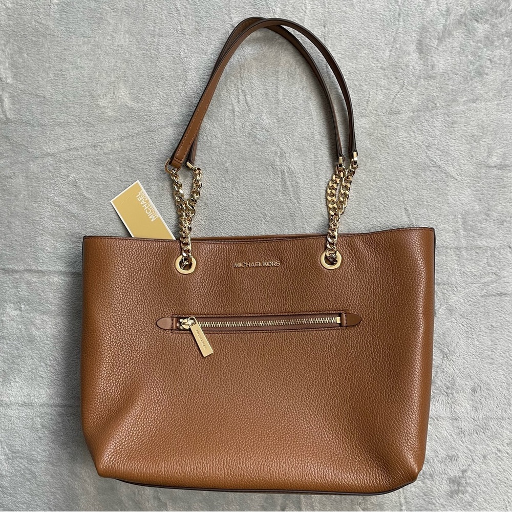 NWT Michael Kors Brown Leather Chain Tote Jet Set Purse Luggage Zip Top